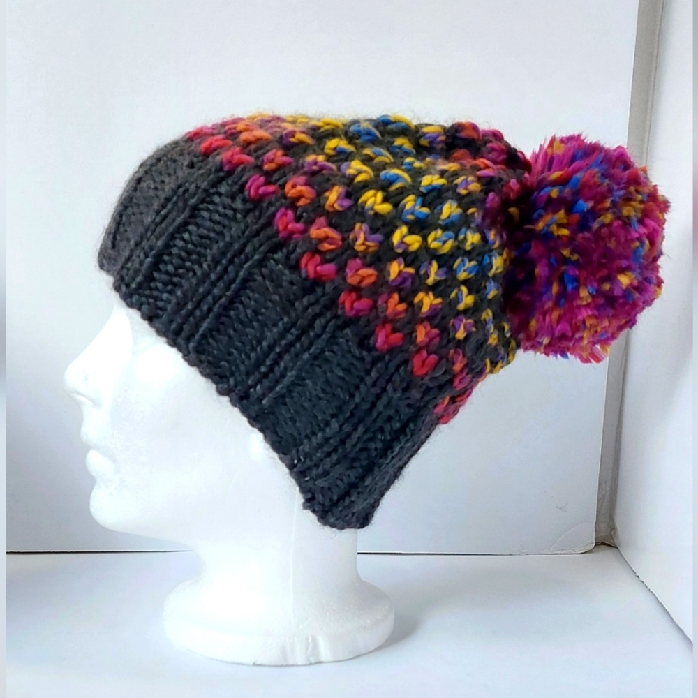 Dark Grey Hat with Purple/Mustard/Blue Specks + Pompom
